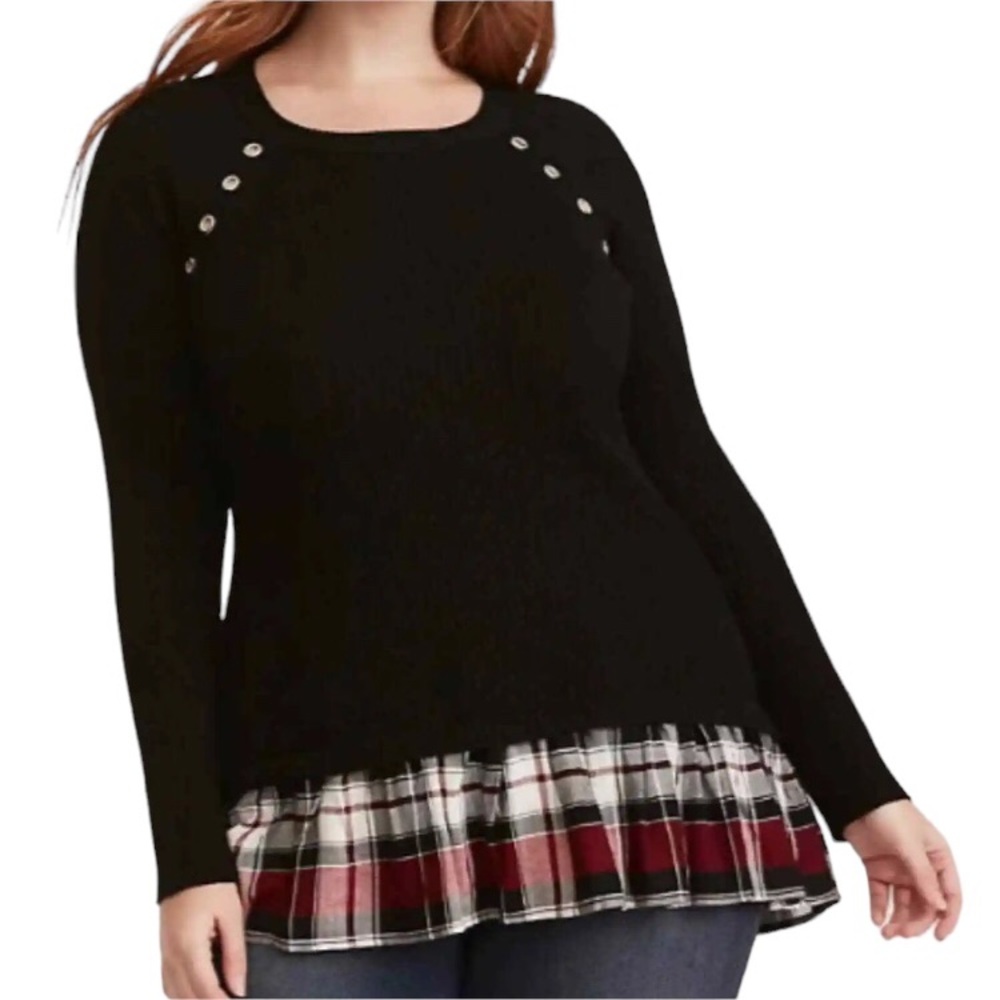 torrid Black Sweater with Plaid Hem and Shoulder Buttons
